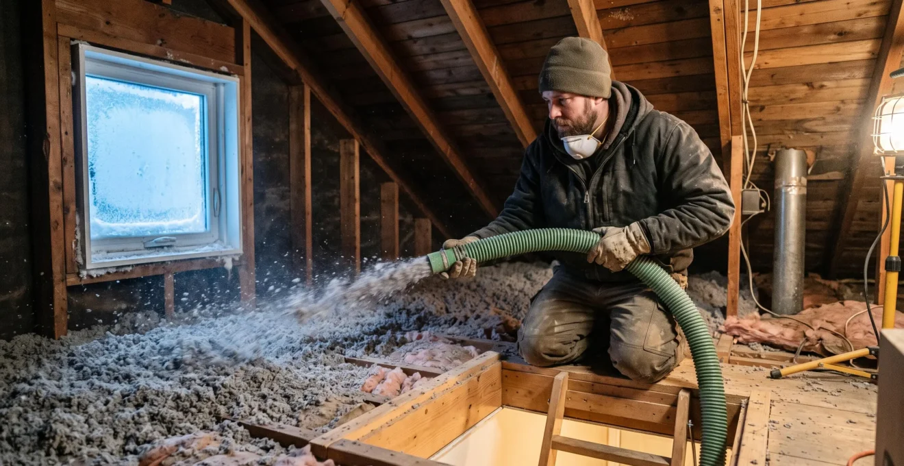 Un entrepreneur isole le plancher d'un comble avec de l'isolant soufflé dans une maison canadienne en hiver.
