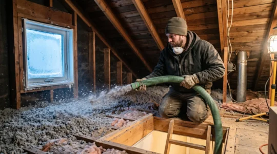Un entrepreneur isole le plancher d'un comble avec de l'isolant soufflé dans une maison canadienne en hiver.