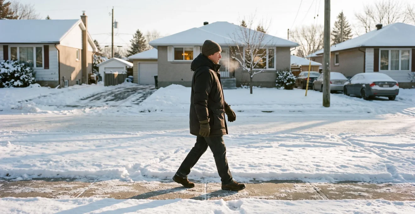 Une personne marche sur un trottoir déneigé d'un quartier résidentiel canadien par un matin d'hiver ensoleillé.