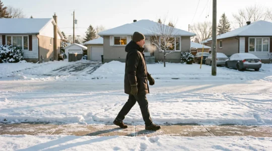 Une personne marche sur un trottoir déneigé d'un quartier résidentiel canadien par un matin d'hiver ensoleillé.