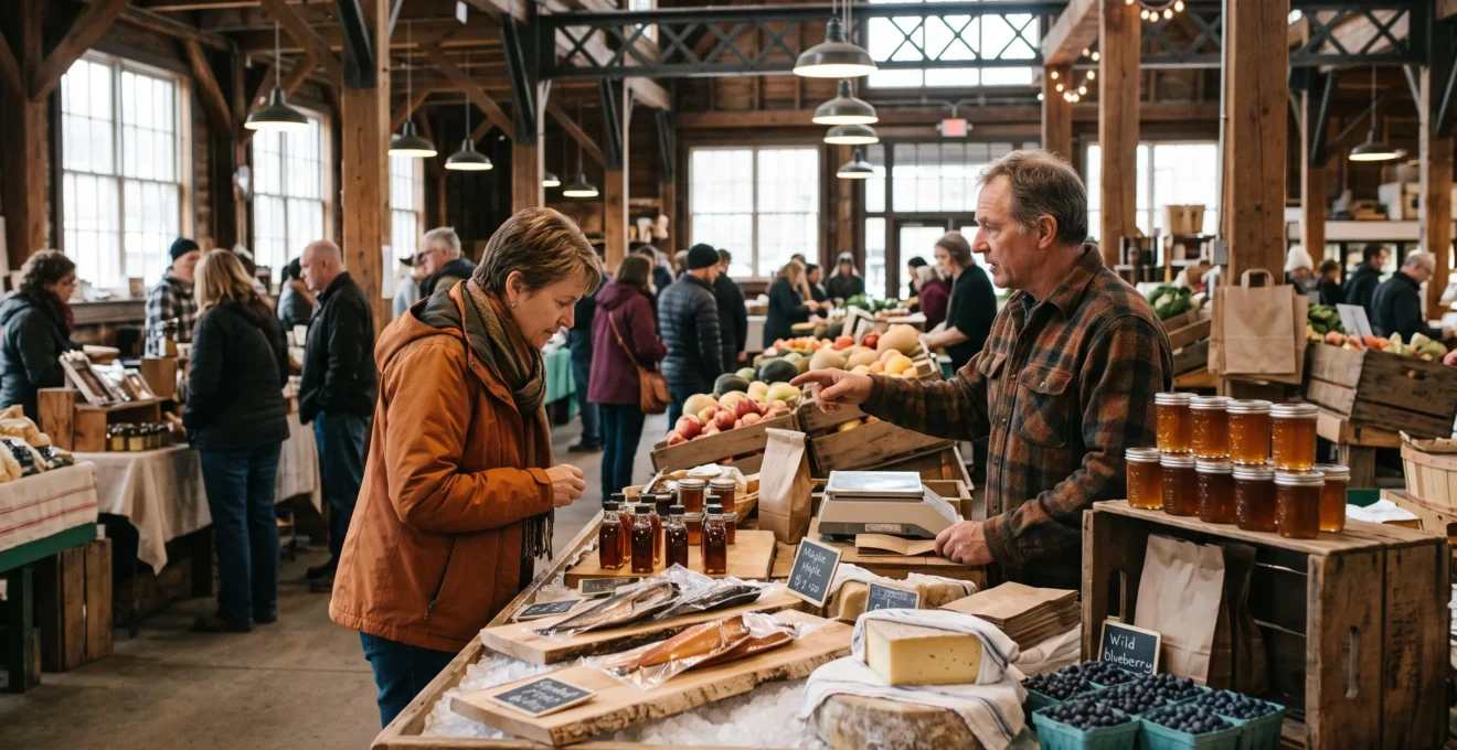 Un client examine des bocaux de sirop d'érable et des produits régionaux sur un étal de fromages et de baies dans un marché public canadien animé.