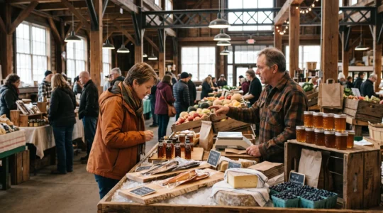 Un client examine des bocaux de sirop d'érable et des produits régionaux sur un étal de fromages et de baies dans un marché public canadien animé.