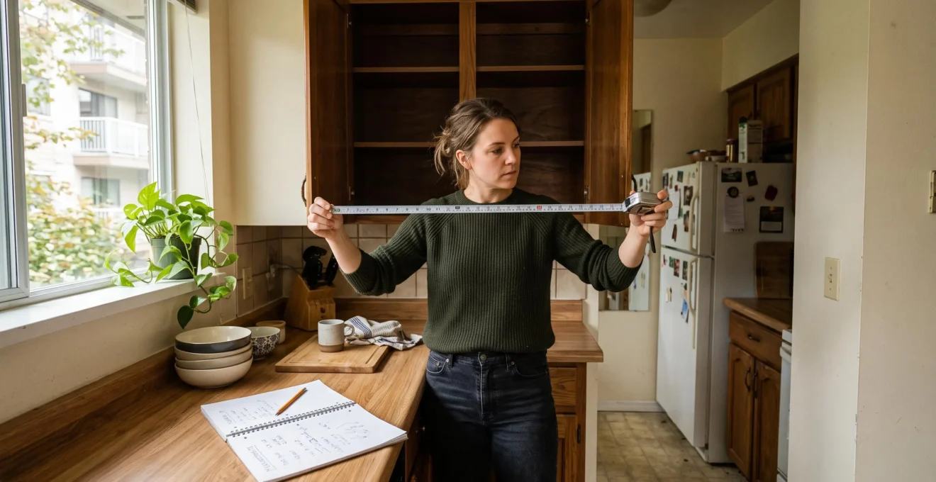 Une personne mesure l'espace intérieur d'un placard de cuisine vide avec un mètre ruban avant un achat, un carnet posé sur le comptoir à côté.
