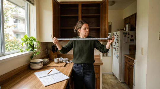 Une personne mesure l'espace intérieur d'un placard de cuisine vide avec un mètre ruban avant un achat, un carnet posé sur le comptoir à côté.