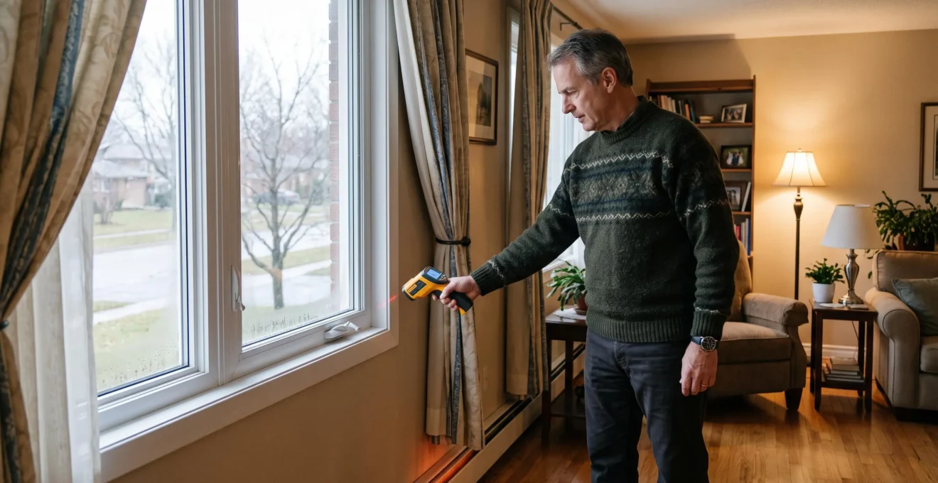 Une personne mesure la température d'un mur et d'une fenêtre froide à l'aide d'un thermomètre infrarouge dans un salon canadien pendant la saison froide.