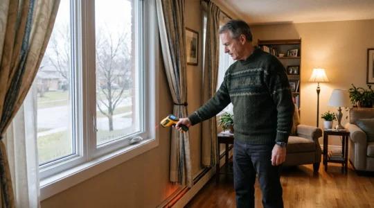Une personne mesure la température d'un mur et d'une fenêtre froide à l'aide d'un thermomètre infrarouge dans un salon canadien pendant la saison froide.