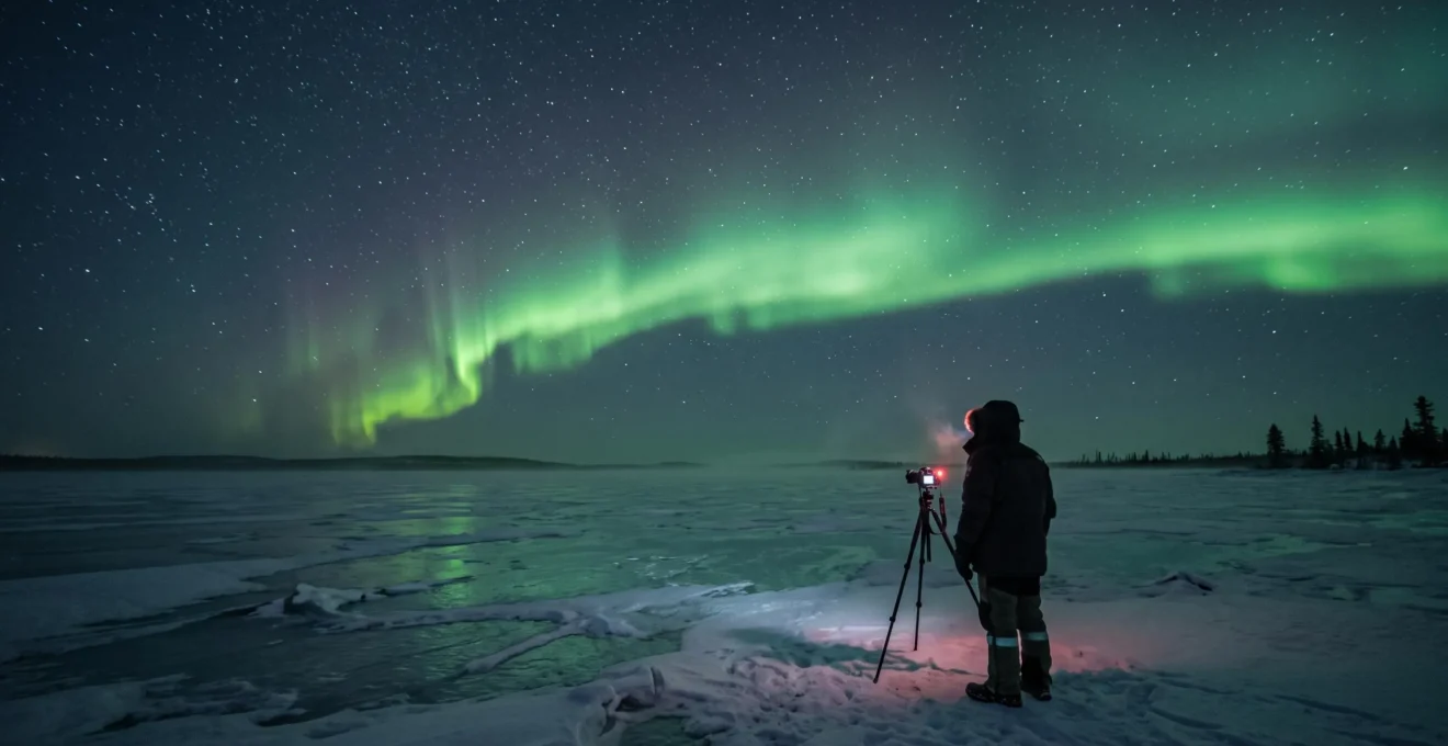 Une personne observe des aurores boréales depuis un lac gelé au Canada, appareil photo sur trépied et lampe frontale allumée.