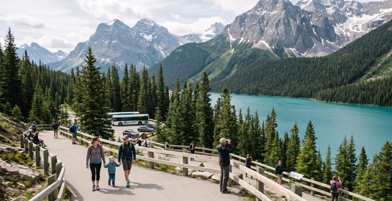 Une famille marche sur un sentier aménagé d'un parc national canadien avec un lac glaciaire et des sommets rocheux en arrière-plan.