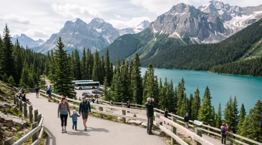 Une famille marche sur un sentier aménagé d'un parc national canadien avec un lac glaciaire et des sommets rocheux en arrière-plan.