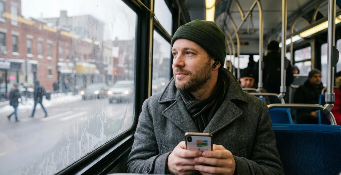 Une passagère assise dans un autobus canadien en hiver écoute un balado avec des écouteurs sans fil tout en regardant par la fenêtre givrée.