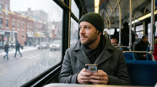 Une passagère assise dans un autobus canadien en hiver écoute un balado avec des écouteurs sans fil tout en regardant par la fenêtre givrée.