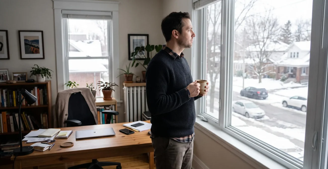 Une personne en pause tient une tasse chaude devant une fenêtre lumineuse, loin de son bureau où un téléphone reste posé face contre table.