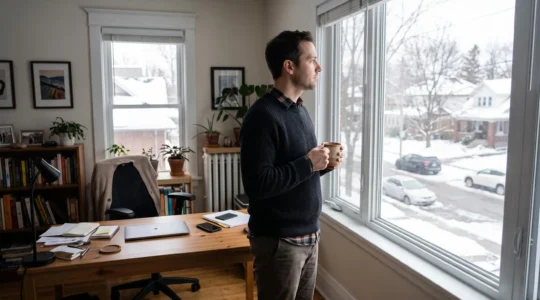 Une personne en pause tient une tasse chaude devant une fenêtre lumineuse, loin de son bureau où un téléphone reste posé face contre table.