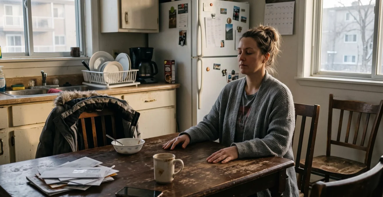 Une personne assise à la table de cuisine tôt le matin, les yeux clos, les mains posées sur la table, pratiquant quelques minutes de respiration consciente.