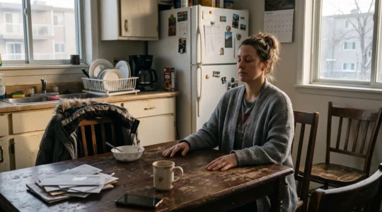 Une personne assise à la table de cuisine tôt le matin, les yeux clos, les mains posées sur la table, pratiquant quelques minutes de respiration consciente.