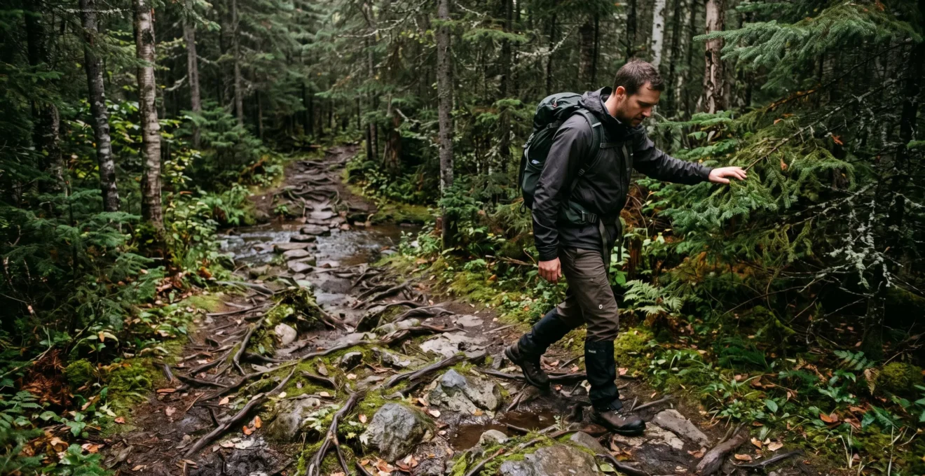 Un randonneur avec sac compact avance prudemment sur un sentier forestier canadien humide couvert de racines et de roches moussues, sous une canopée dense.