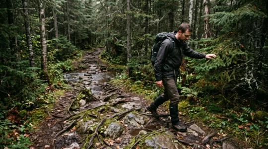 Un randonneur avec sac compact avance prudemment sur un sentier forestier canadien humide couvert de racines et de roches moussues, sous une canopée dense.