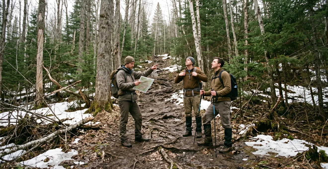 Trois randonneurs examinent une carte au pied d'un sentier forestier boueux et raide au début du printemps au Canada.