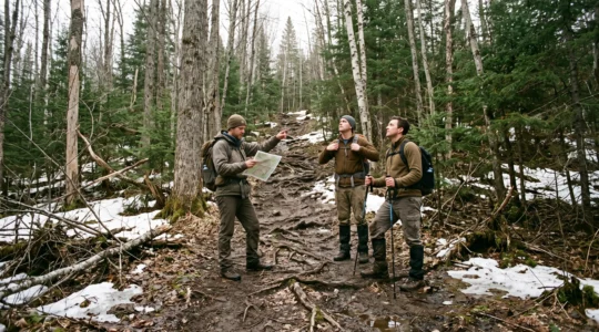 Trois randonneurs examinent une carte au pied d'un sentier forestier boueux et raide au début du printemps au Canada.