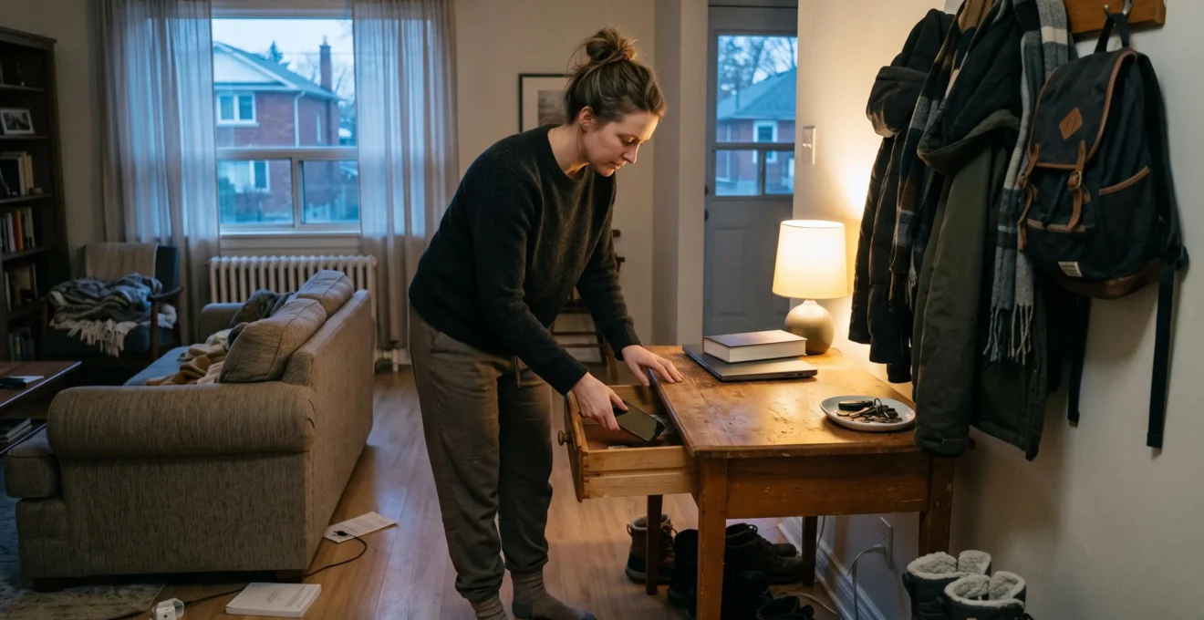 Une personne range son téléphone dans un tiroir d'entrée avant sa soirée, dans un appartement au crépuscule.
