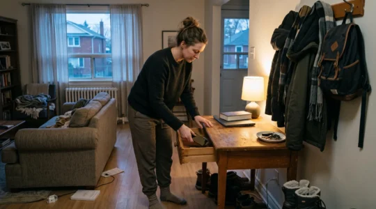 Une personne range son téléphone dans un tiroir d'entrée avant sa soirée, dans un appartement au crépuscule.