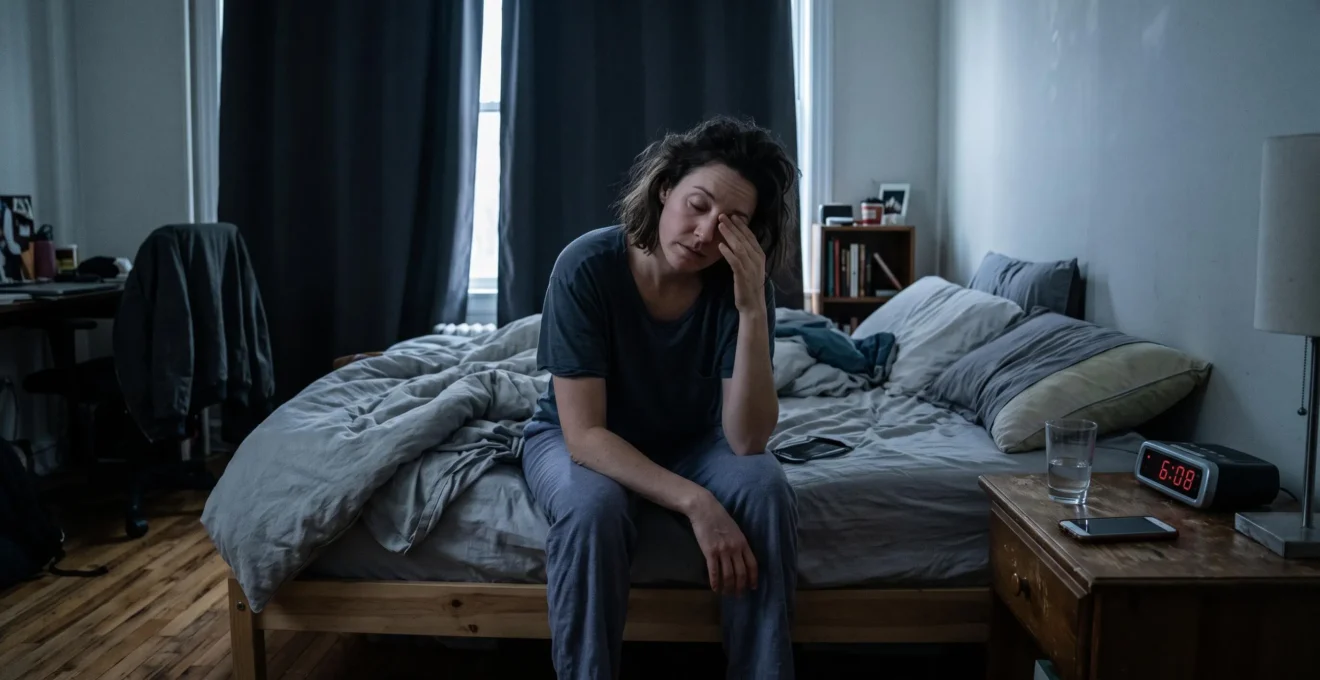 Une femme assise au bord de son lit dans une chambre sombre au petit matin, fatiguée, avec un réveil lumineux sur la table de chevet.