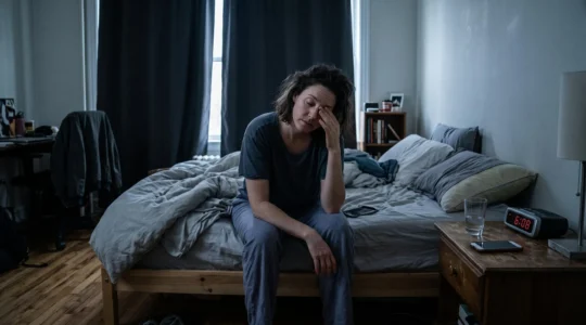 Une femme assise au bord de son lit dans une chambre sombre au petit matin, fatiguée, avec un réveil lumineux sur la table de chevet.