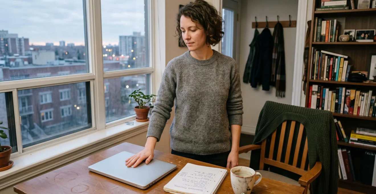 Une professionnelle indépendante ferme son ordinateur portable chez elle en fin de journée, un carnet de planification posé à côté d'une tasse.