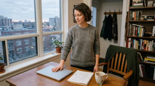 Une professionnelle indépendante ferme son ordinateur portable chez elle en fin de journée, un carnet de planification posé à côté d'une tasse.