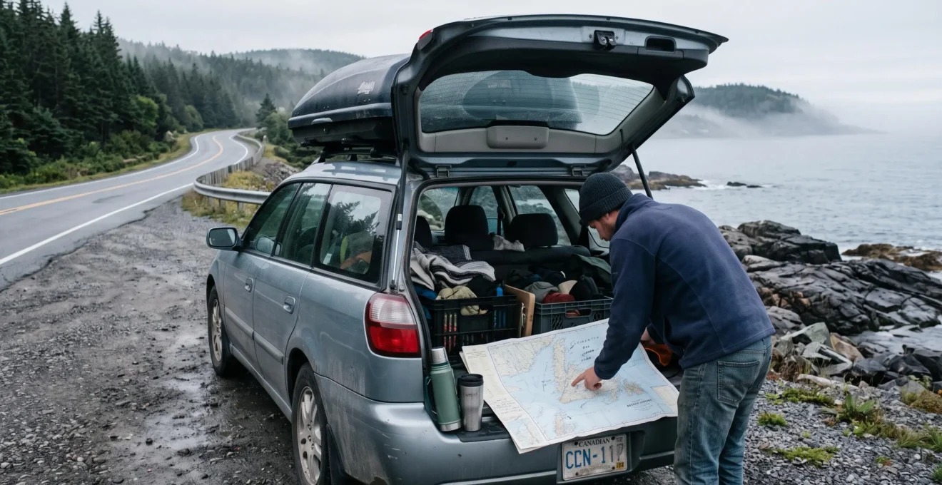 Un voyageur étudie une carte routière sur le hayon d'une voiture stationnée le long d'une route côtière canadienne.