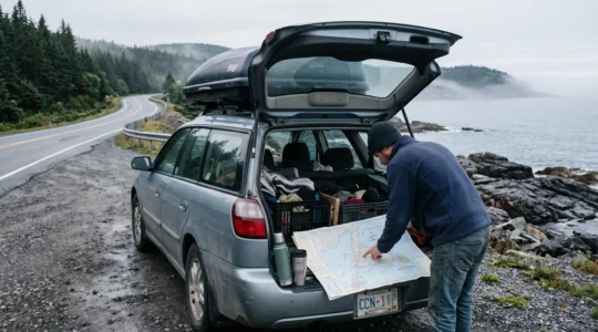Un voyageur étudie une carte routière sur le hayon d'une voiture stationnée le long d'une route côtière canadienne.