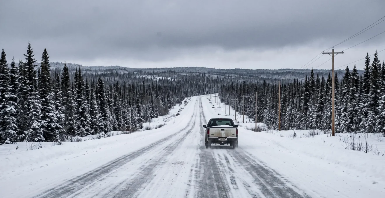 Une route enneigée traverse une immense forêt canadienne, avec un seul véhicule au loin sous un ciel gris.