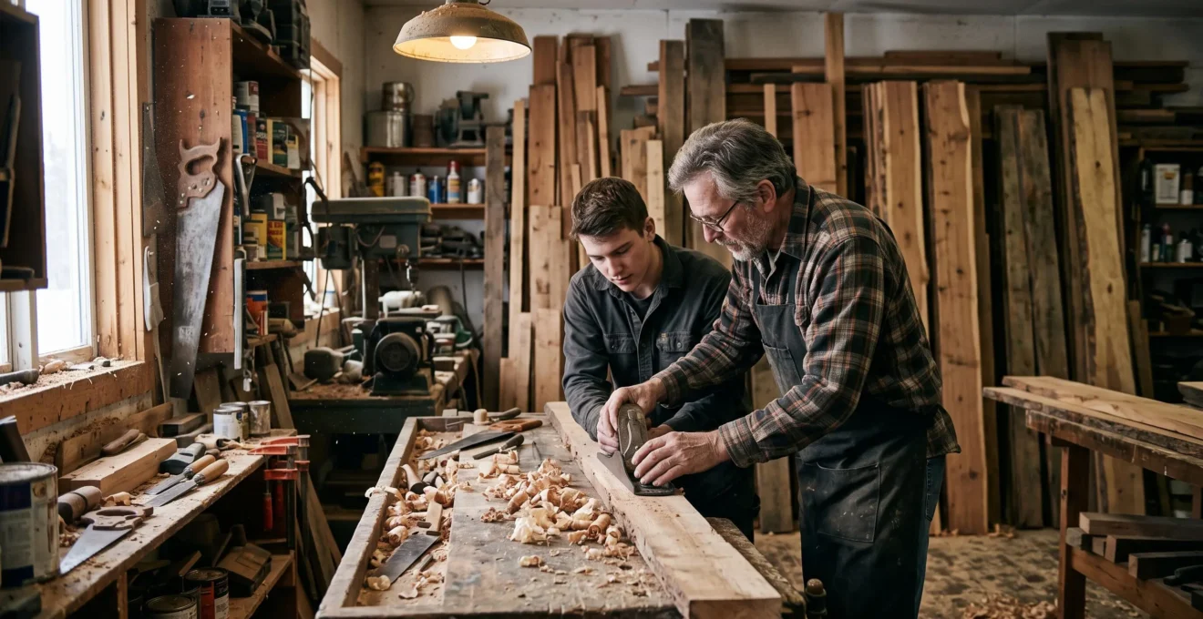 Un maître artisan guide les mains d'un apprenti sur un rabot en bois dans un atelier canadien rempli de copeaux et de planches.