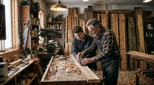 Un maître artisan guide les mains d'un apprenti sur un rabot en bois dans un atelier canadien rempli de copeaux et de planches.
