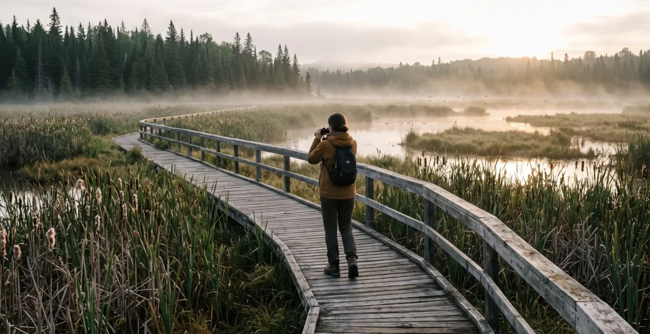Un visiteur marche sur une passerelle en bois dans une réserve naturelle canadienne et observe la faune aquatique avec des jumelles.