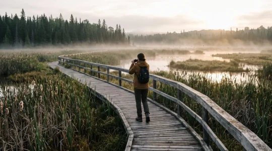 Un visiteur marche sur une passerelle en bois dans une réserve naturelle canadienne et observe la faune aquatique avec des jumelles.