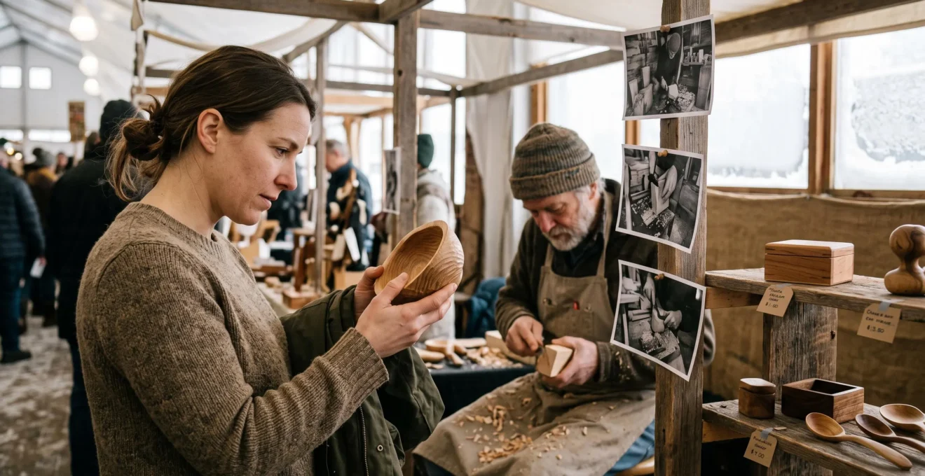Une visiteuse examine une pièce en bois artisanal à un étal d'un marché de créateurs canadiens pendant que la créatrice travaille derrière elle.