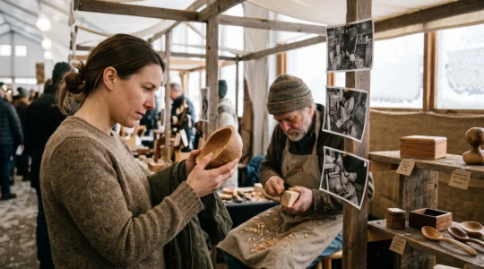 Une visiteuse examine une pièce en bois artisanal à un étal d'un marché de créateurs canadiens pendant que la créatrice travaille derrière elle.